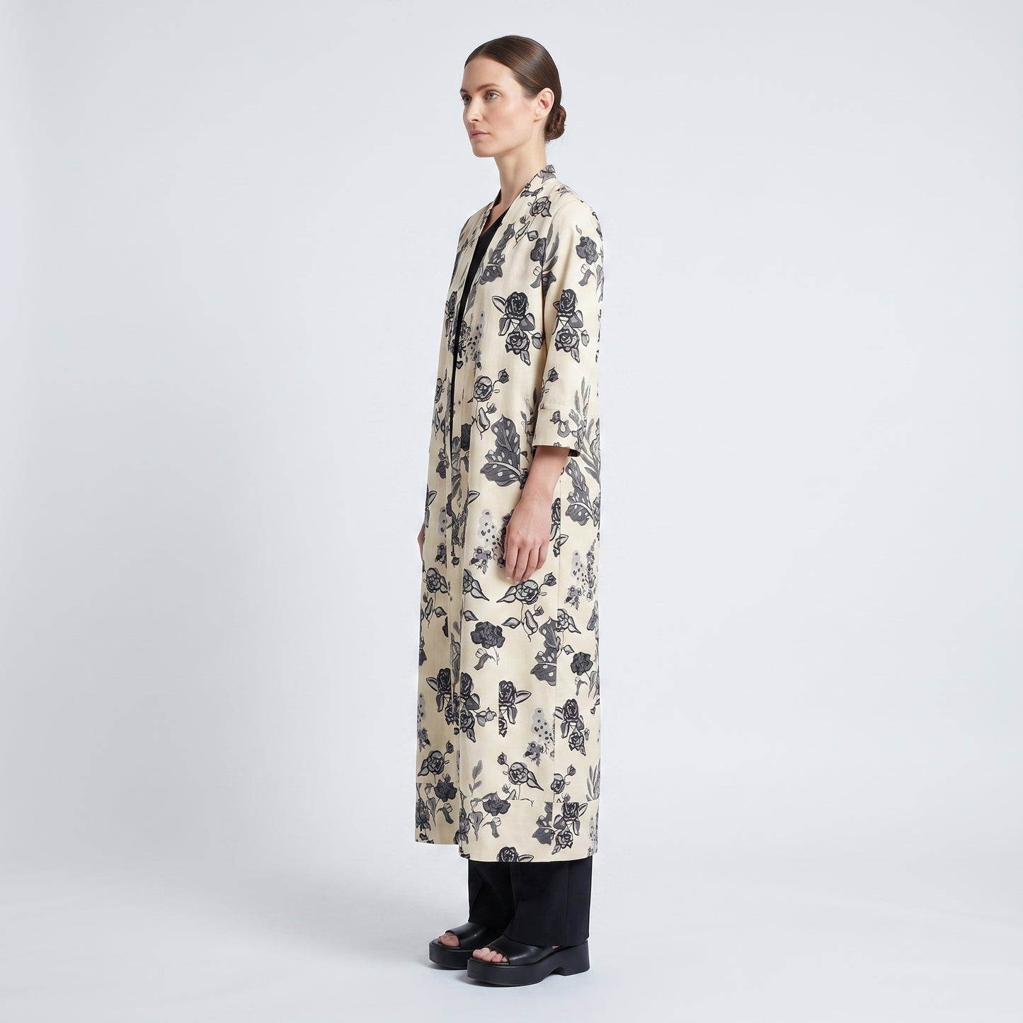 Floral Print Long Open Coat