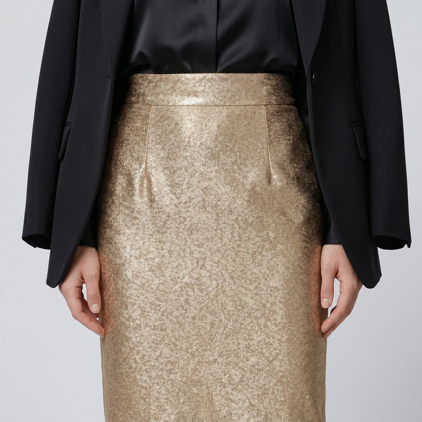 Metallic Gold Midi Pencil Skirt
