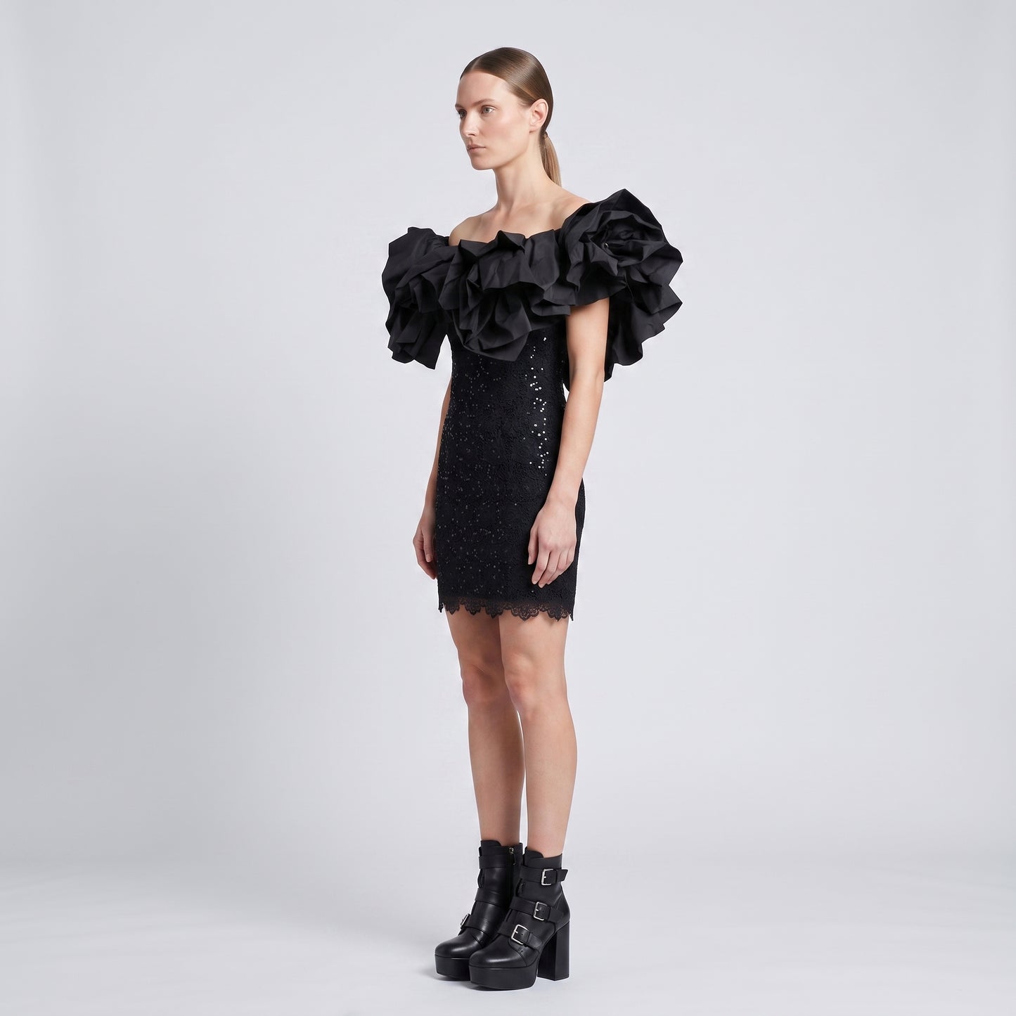 Ruffled Lace Cocktail Mini Dress