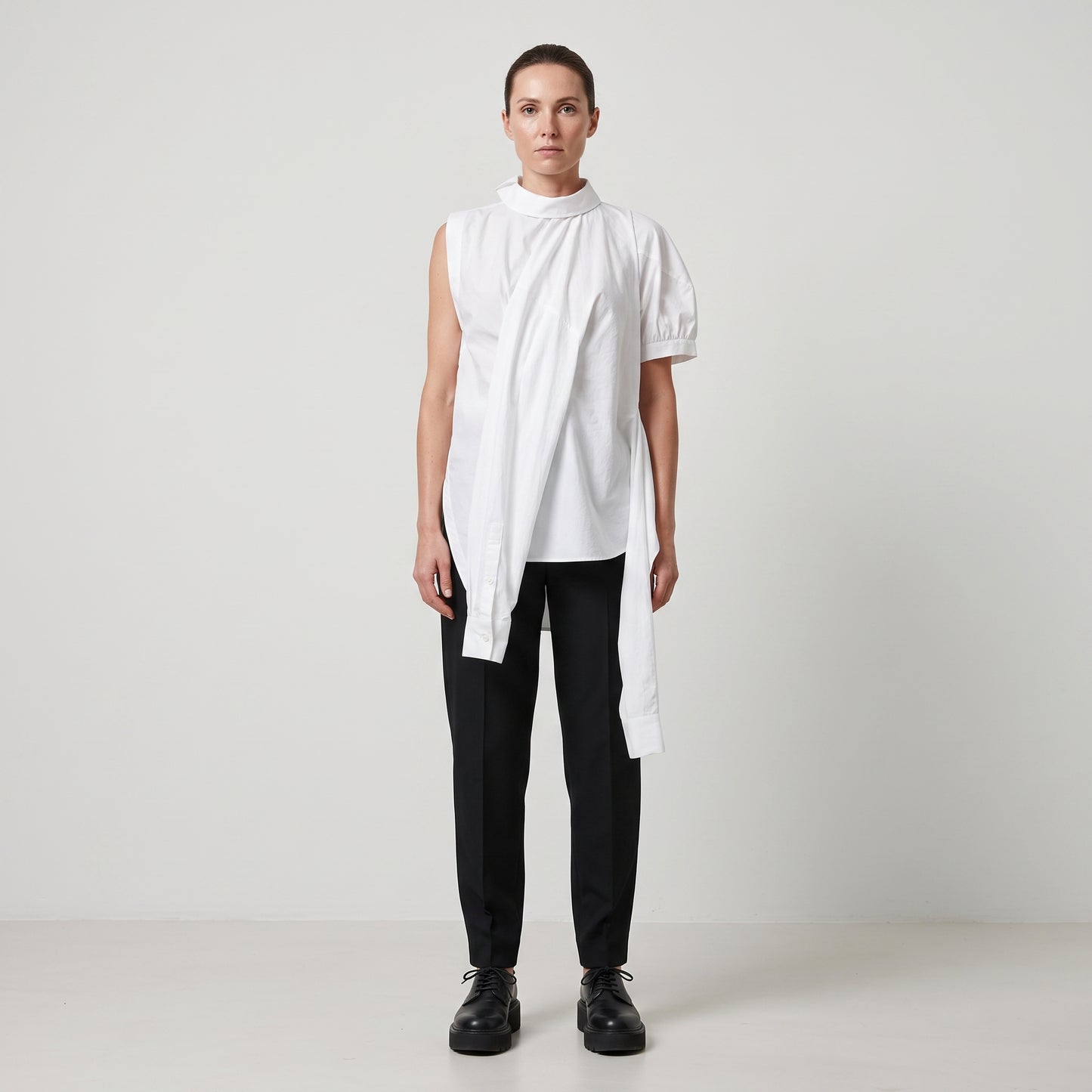 Asymmetric Mock Neck Cotton Shirt