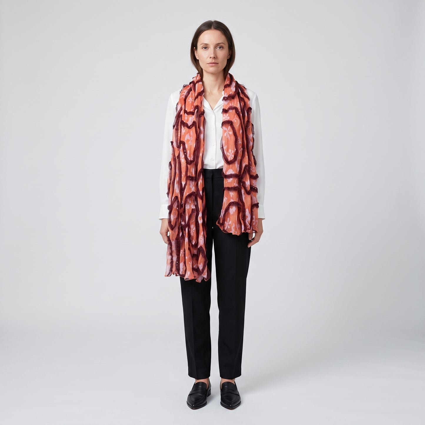 Floral Ruffle Detail Silk Scarf