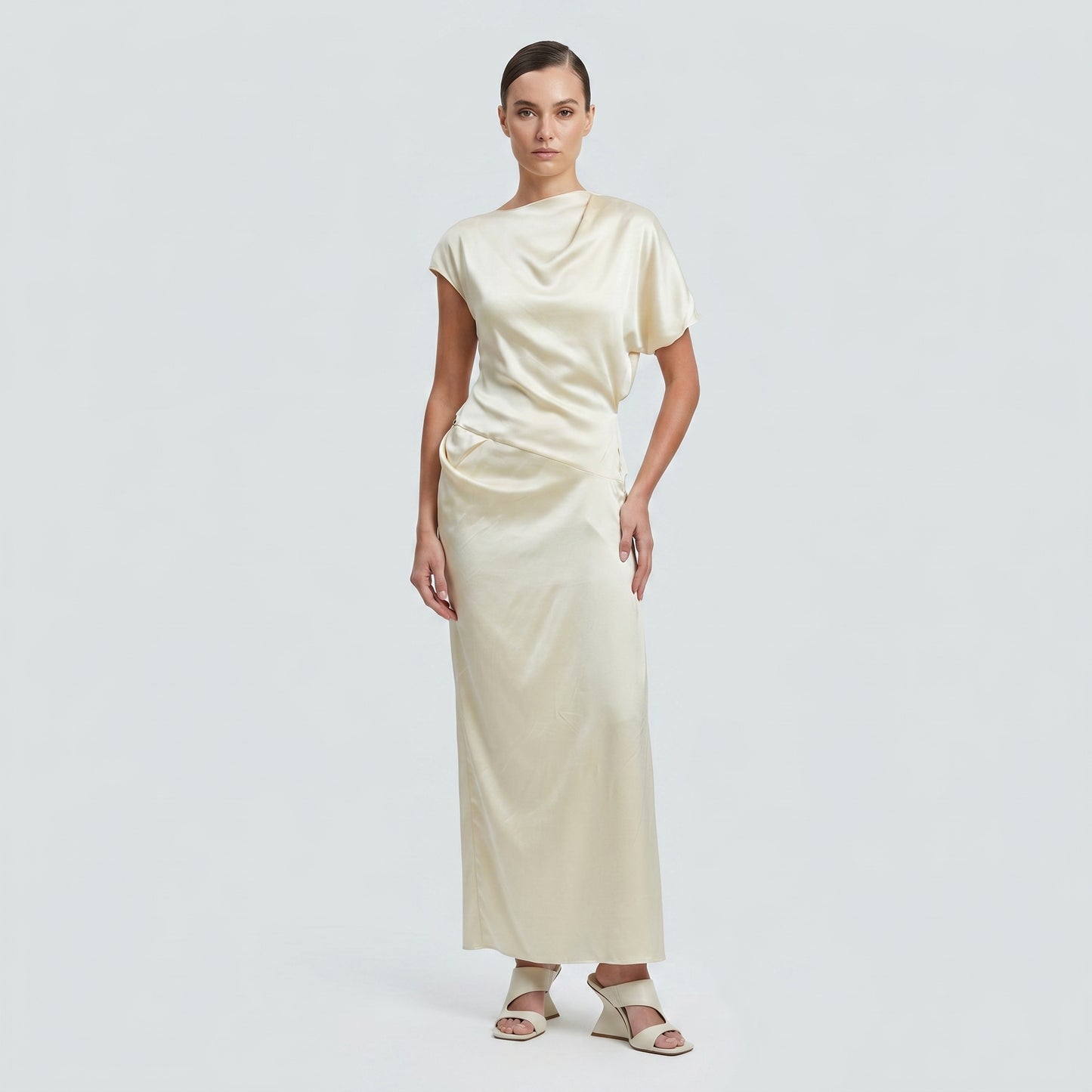 Draped Silk Cowl Midi Dress