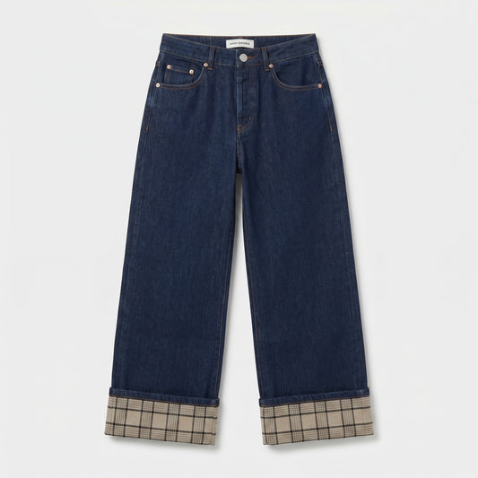 Plaid Cuff Wide Leg Jeans