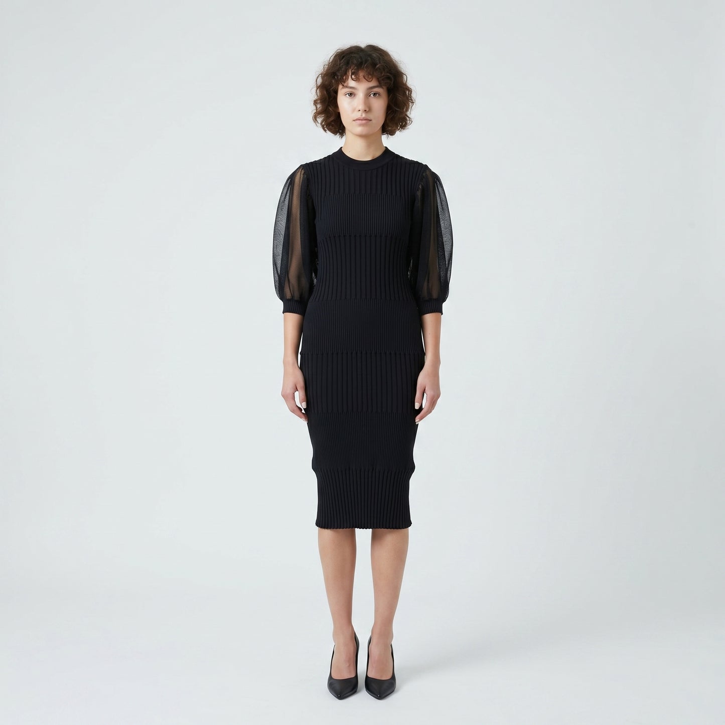 Ribbed Knit Sheer Sleeve Dress