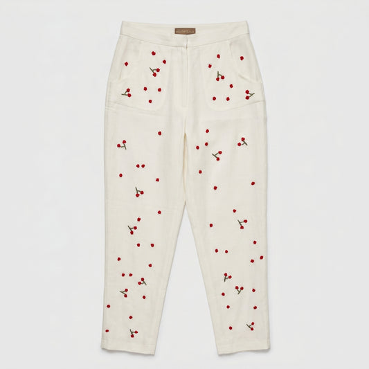 Embroidered Cherry High-Waisted Trousers