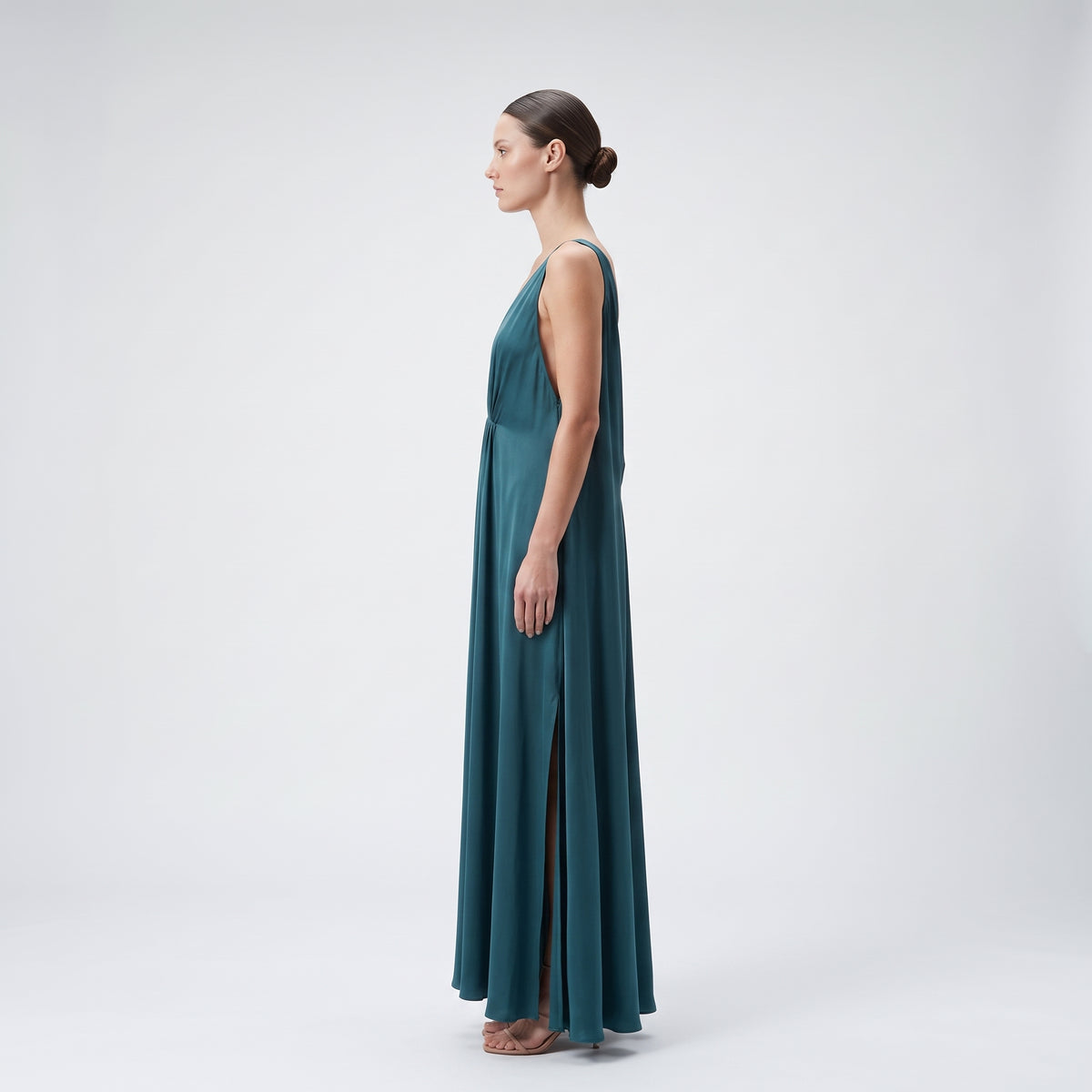 Pleated Satin V-Neck Gown
