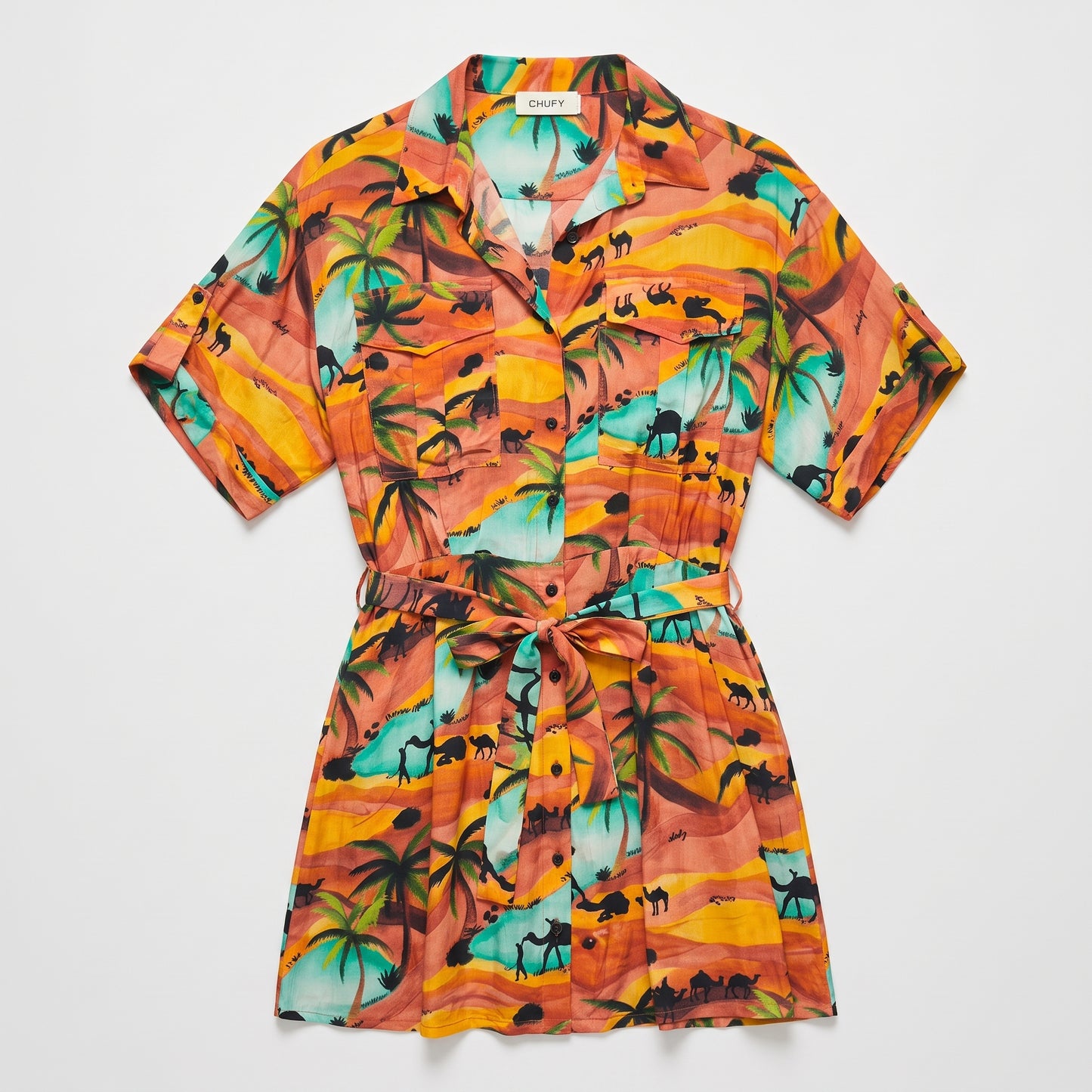 Tropical Palm Print Shirt Dress