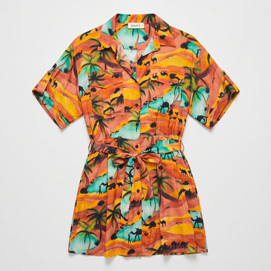 Tropical Palm Print Shirt Dress