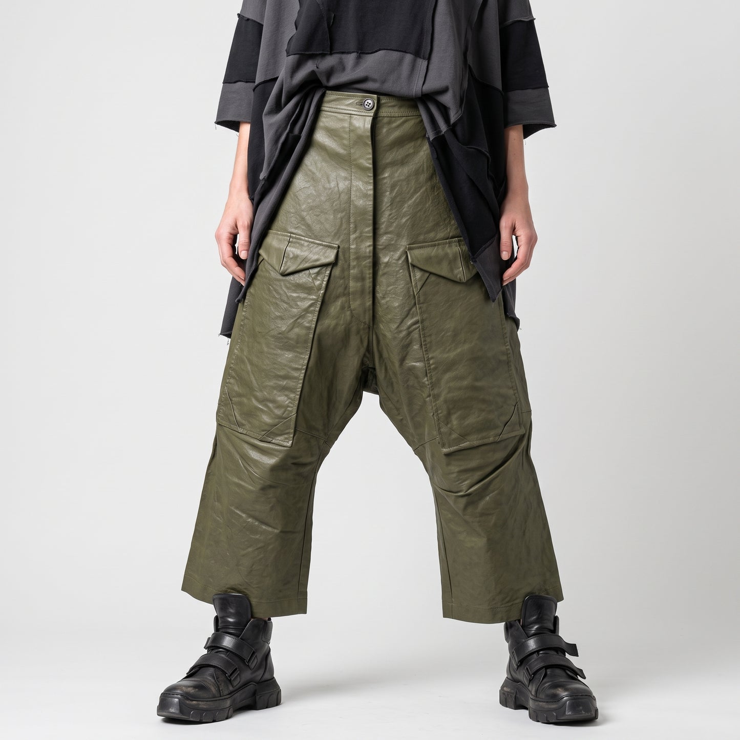Olive Green Leather Cargo Trousers