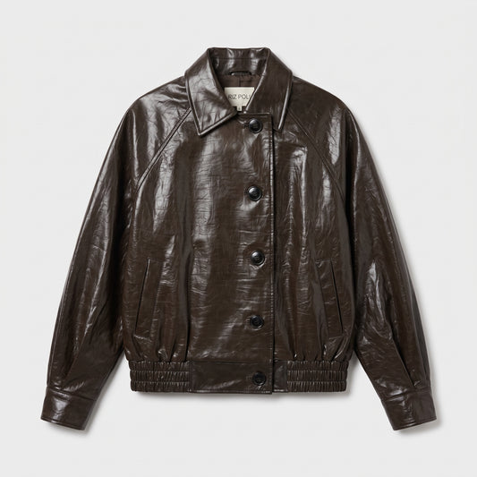 Glossy Brown Leather Bomber Jacket