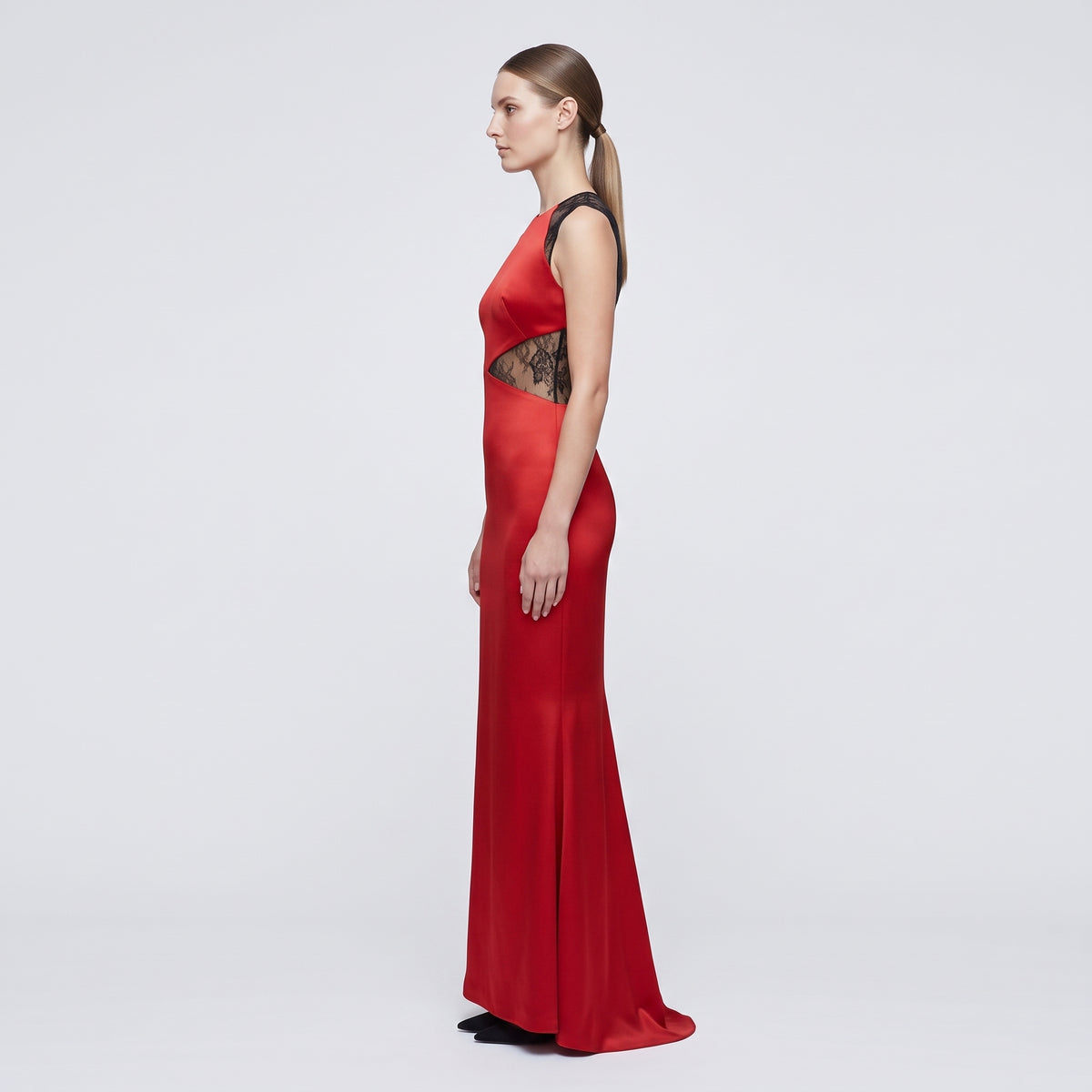 Red Lace Insert Evening Gown