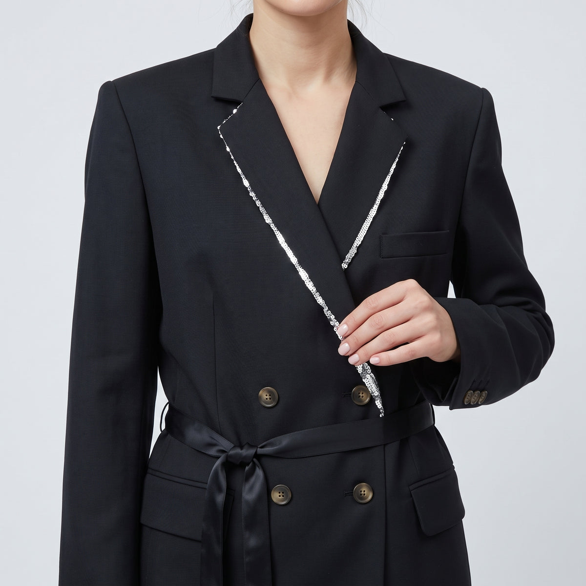 Sequin Trim Belted Blazer