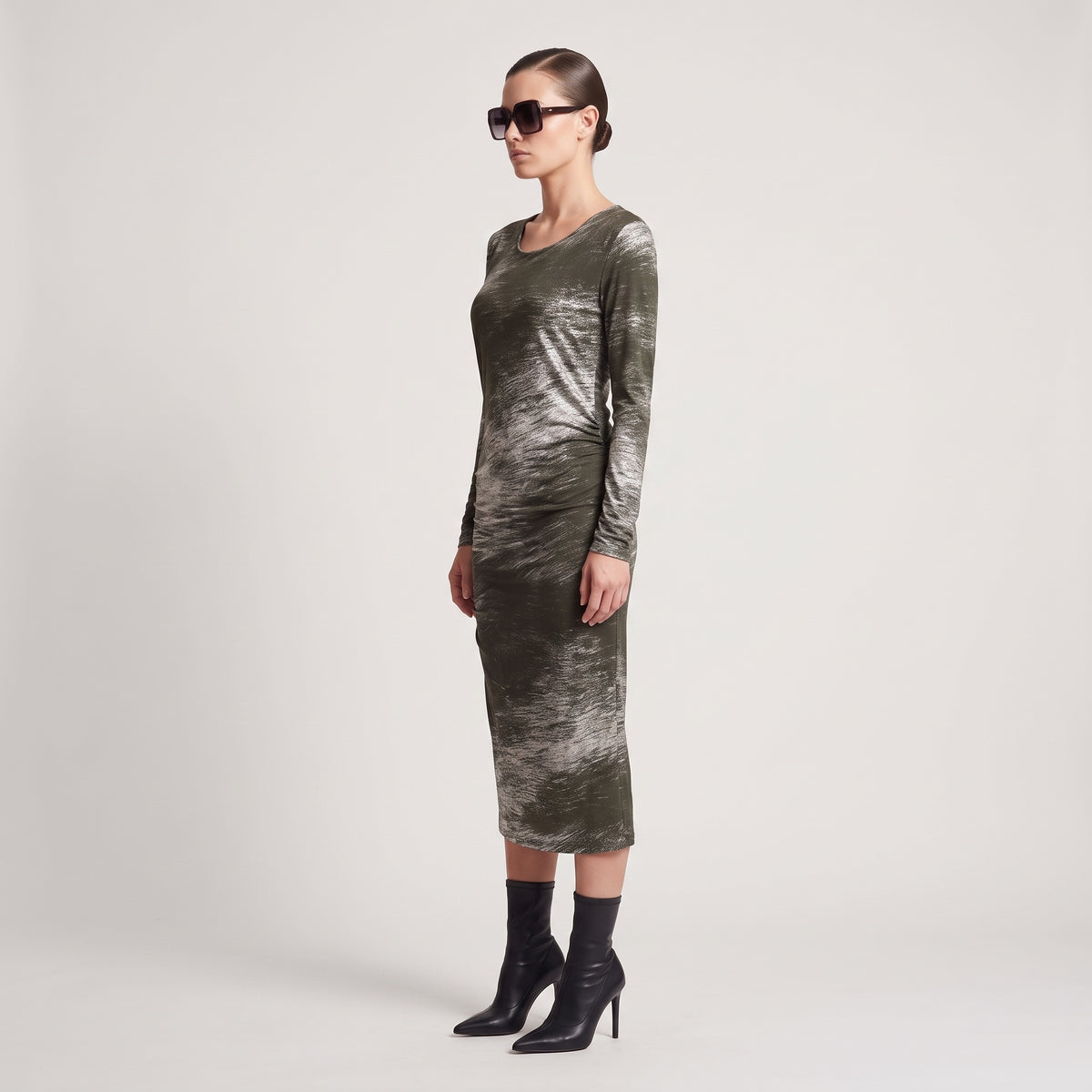 Abstract Print Ruched Midi Dress