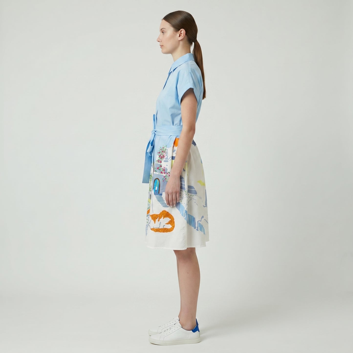 Illustrated Cotton Belted Shirtdress