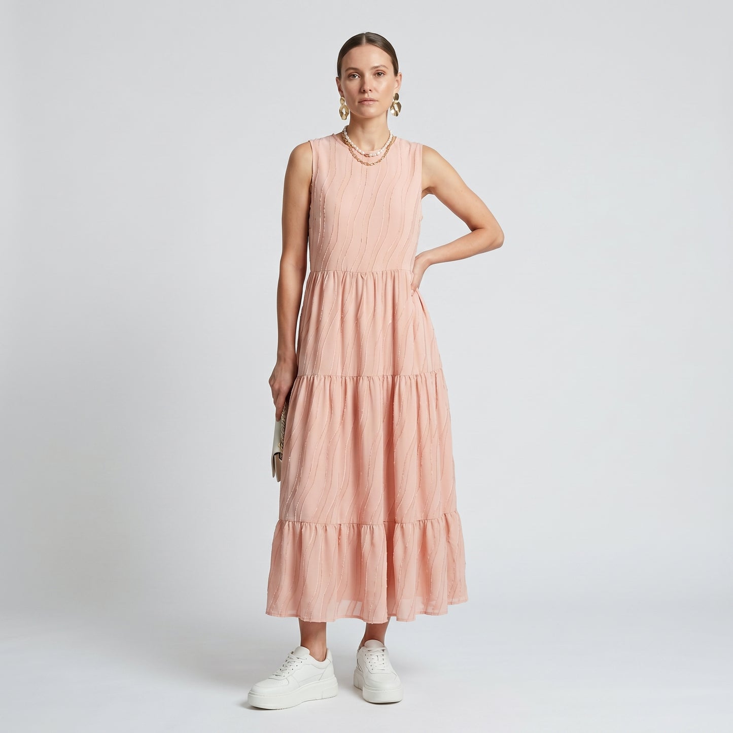 Tiered Textured Pink Midi Dress