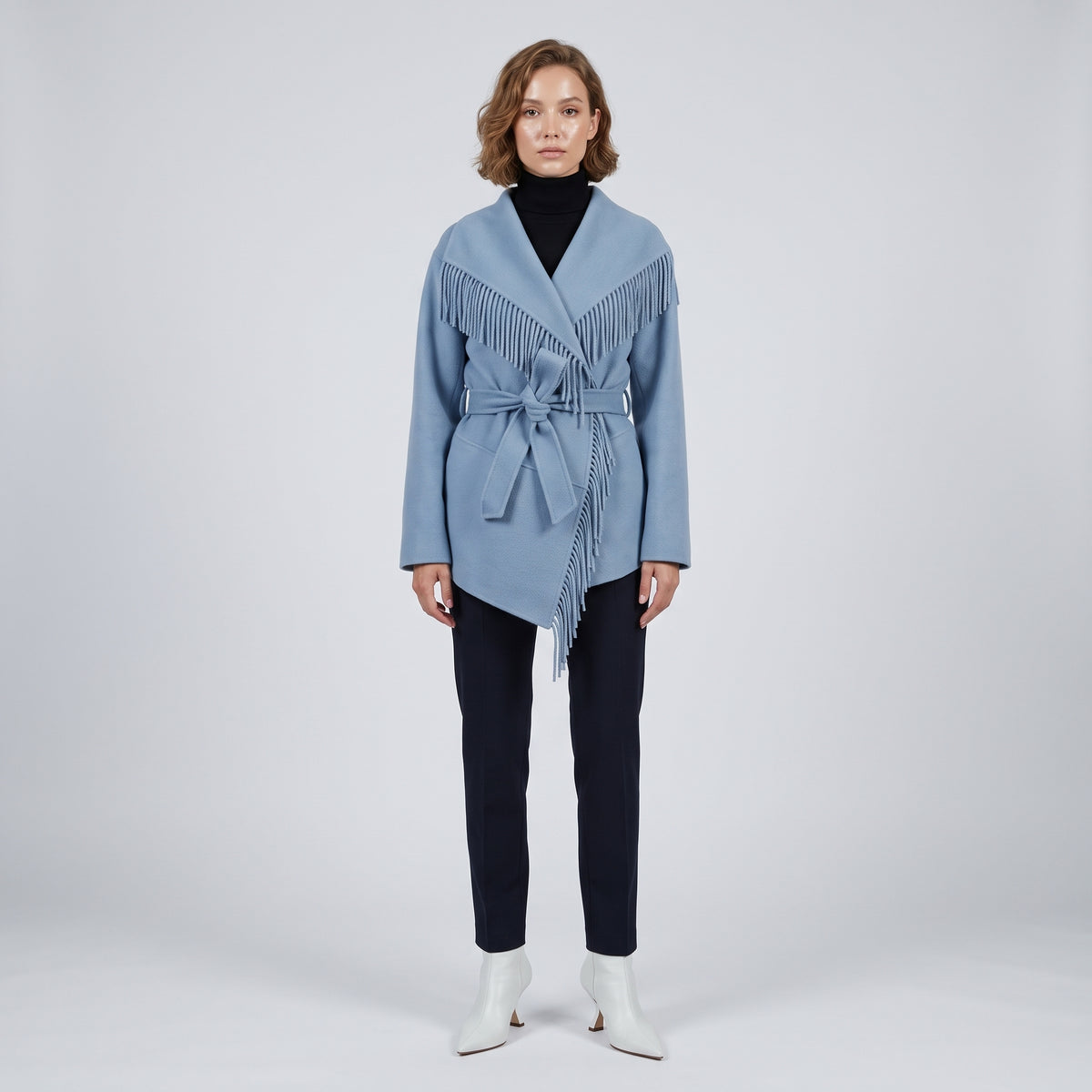 Fringed Belted Wool Wrap Jacket