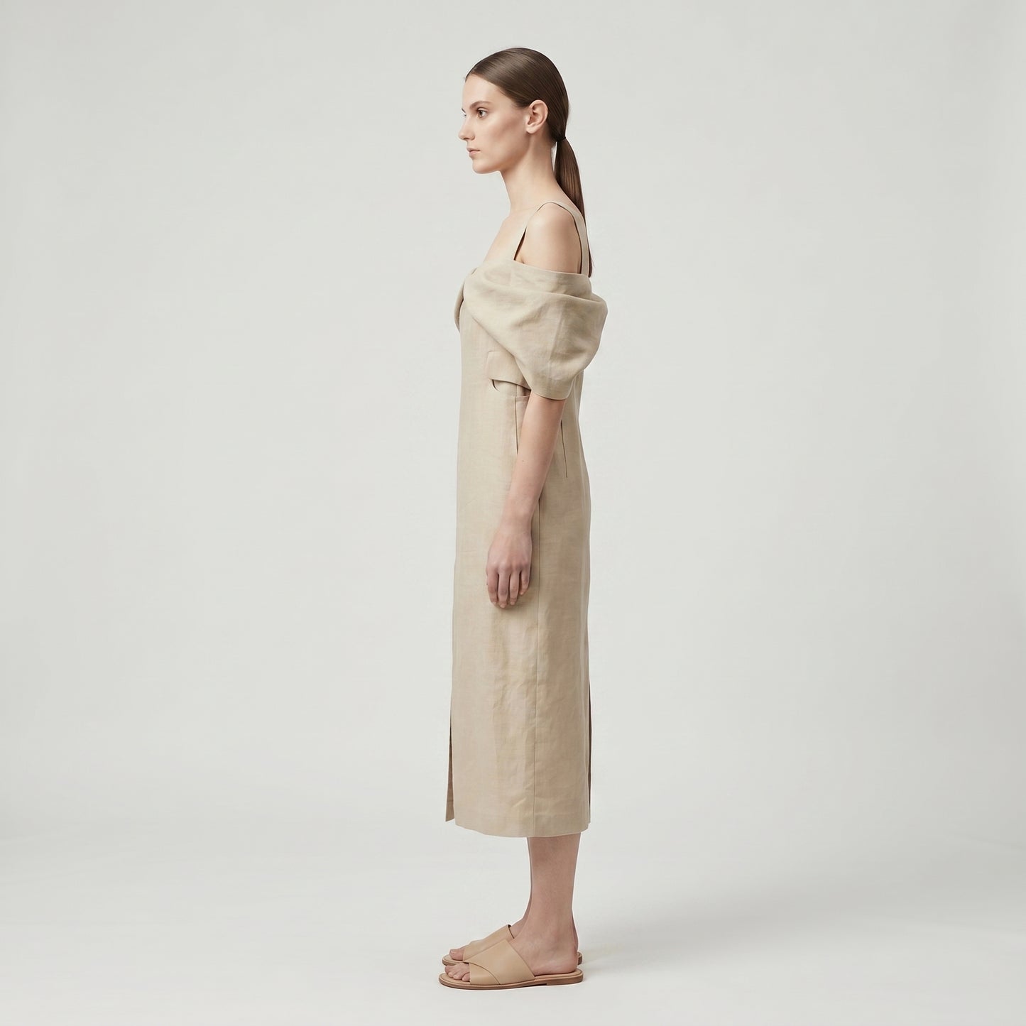 Off-Shoulder Tailored Linen Dress