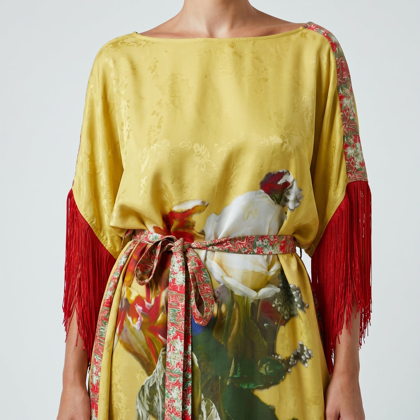 Fringe Trimmed Floral Kimono Dress