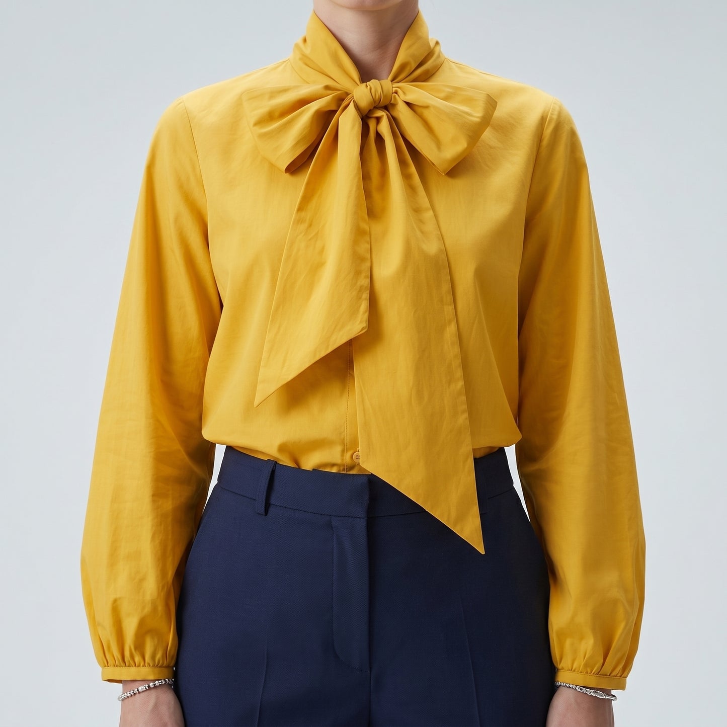 Mustard Pussy-Bow Silk Blouse