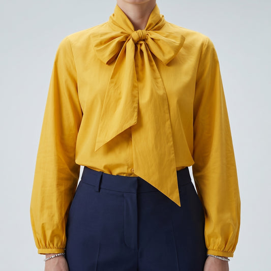 Mustard Pussy-Bow Silk Blouse