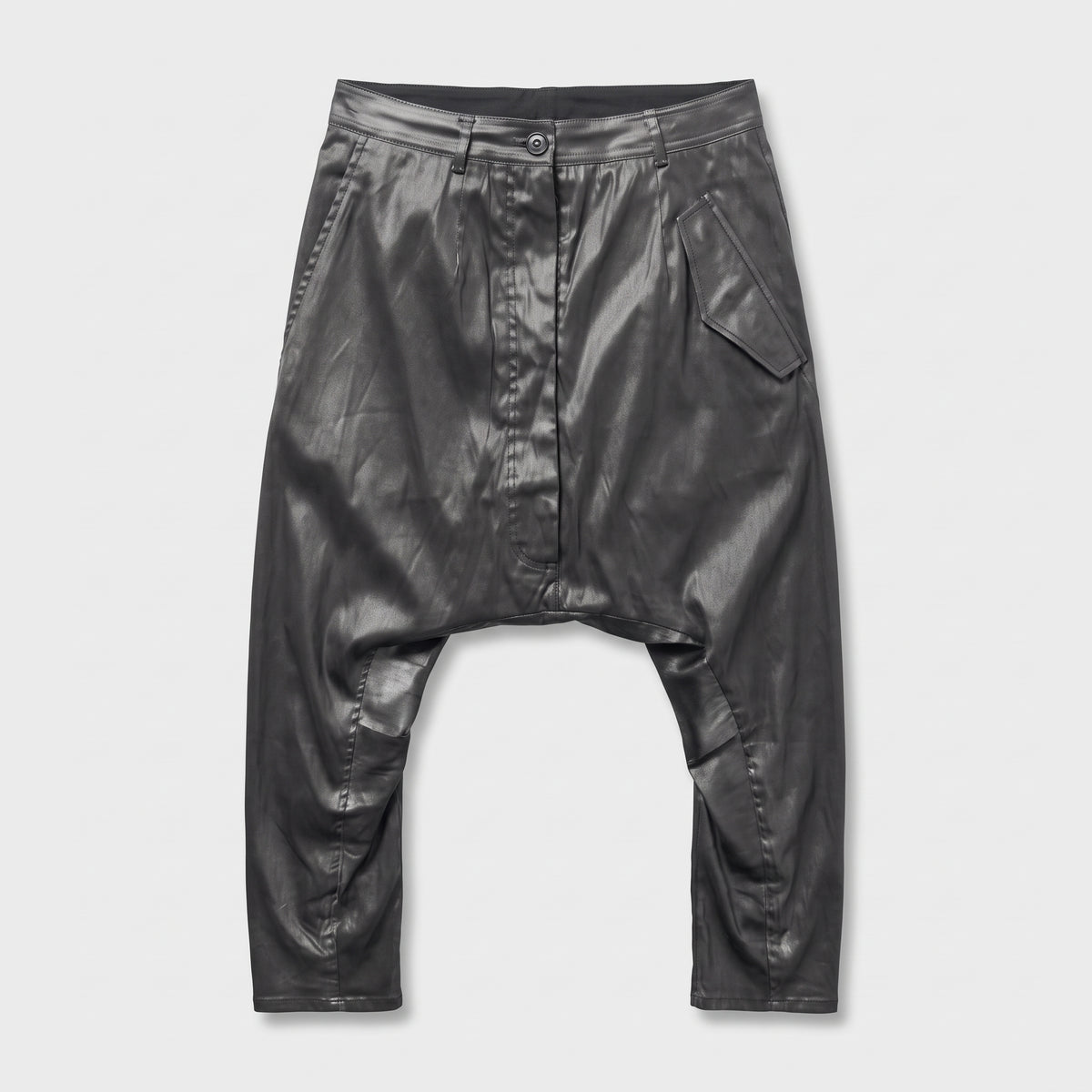 Structured Coated Dropped-Crotch Trousers
