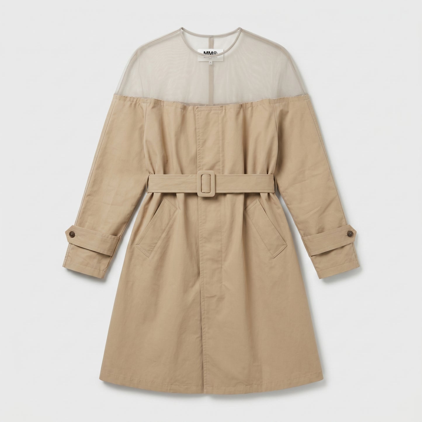 Sheer Yoke Belted Trench Coat