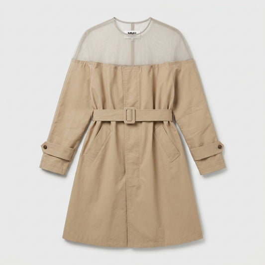 Sheer Yoke Belted Trench Coat