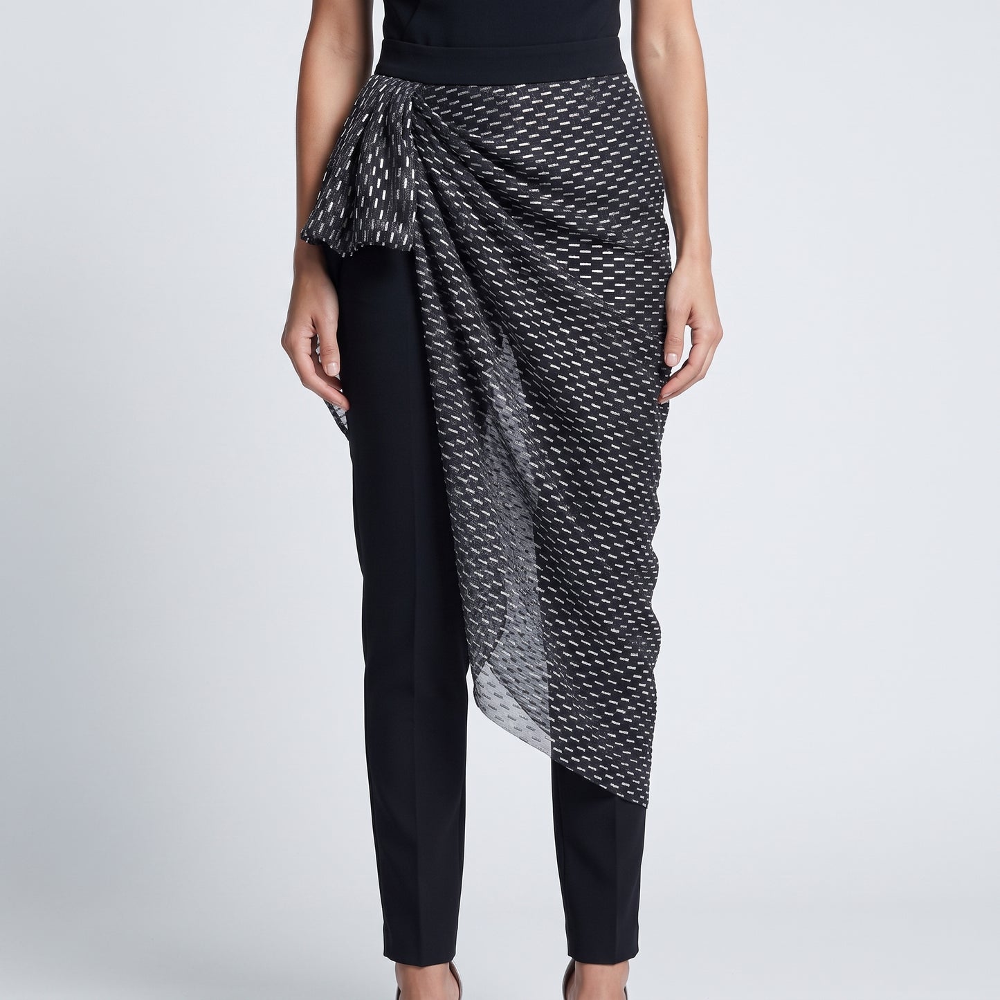 Draped Metallic Overlay Slim Trousers