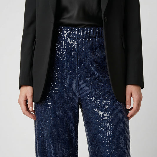 Navy Sequined Wide Leg Trousers