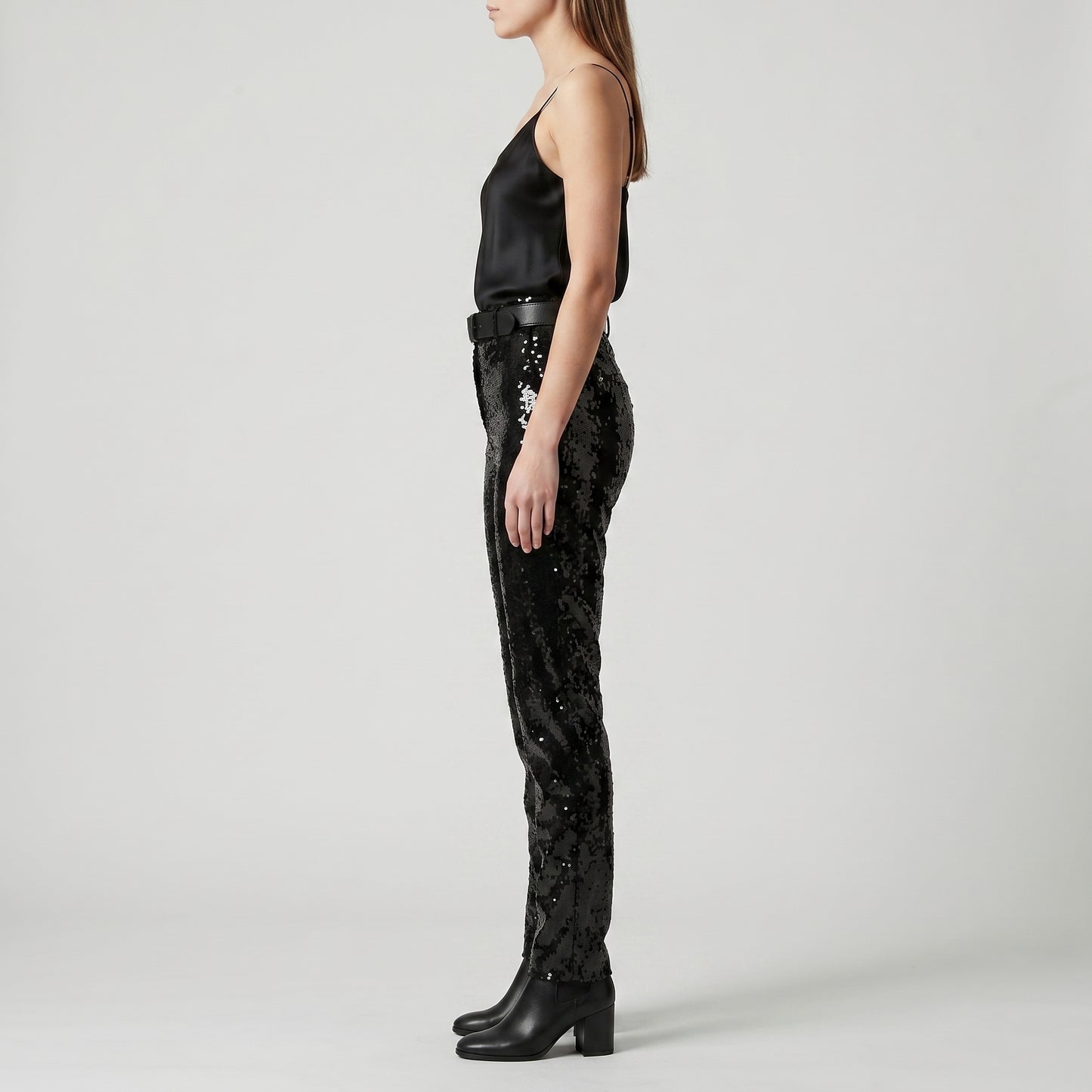 Black Sequin Belted Trousers