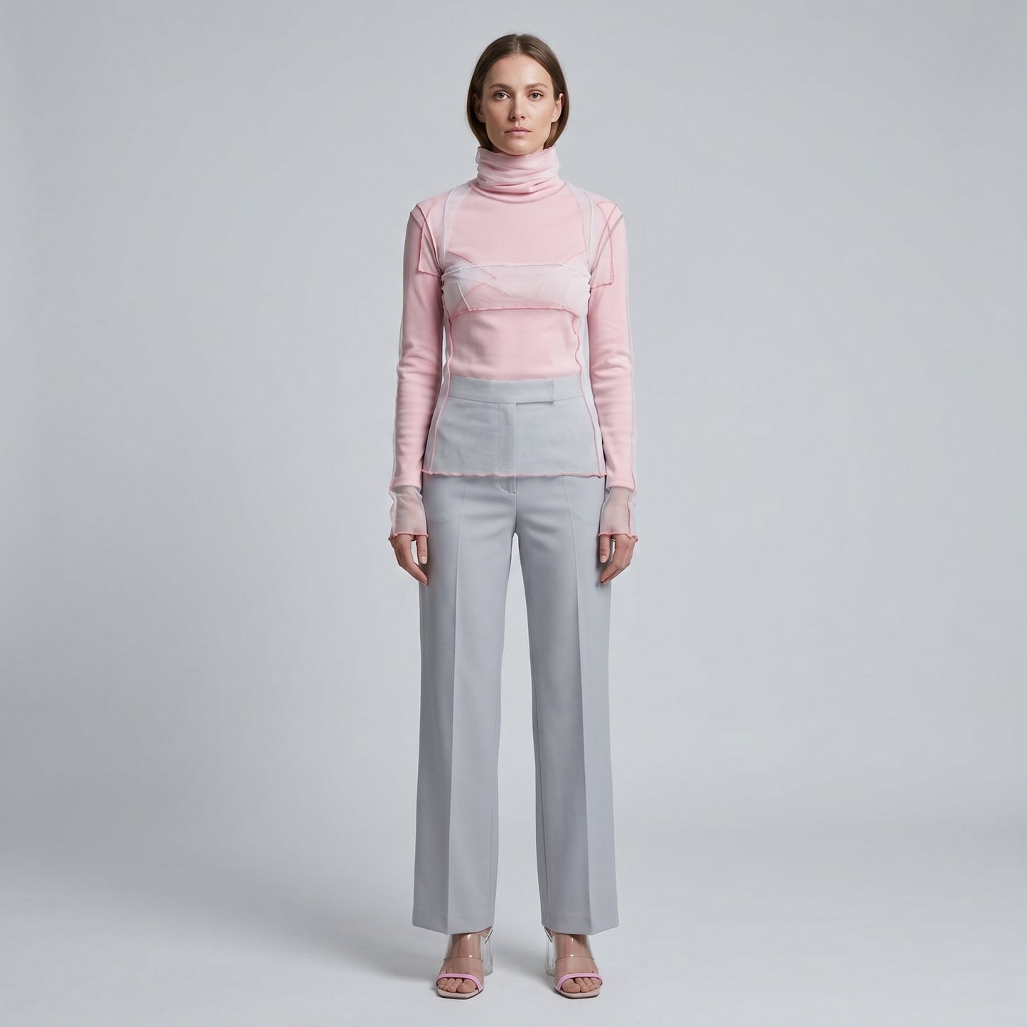 Layered Mesh Pink Turtleneck Top