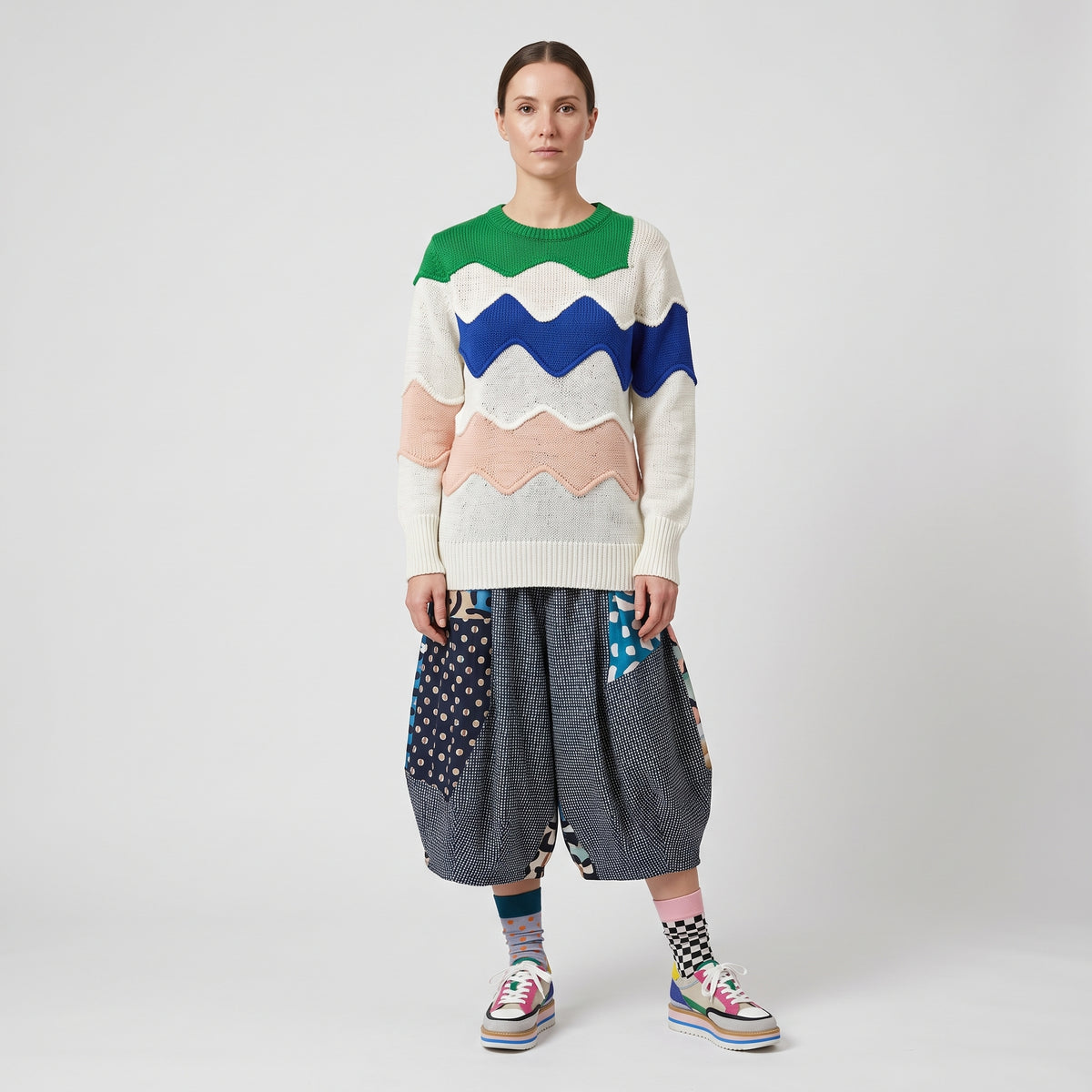 Colorblock Wave Pattern Knit Sweater