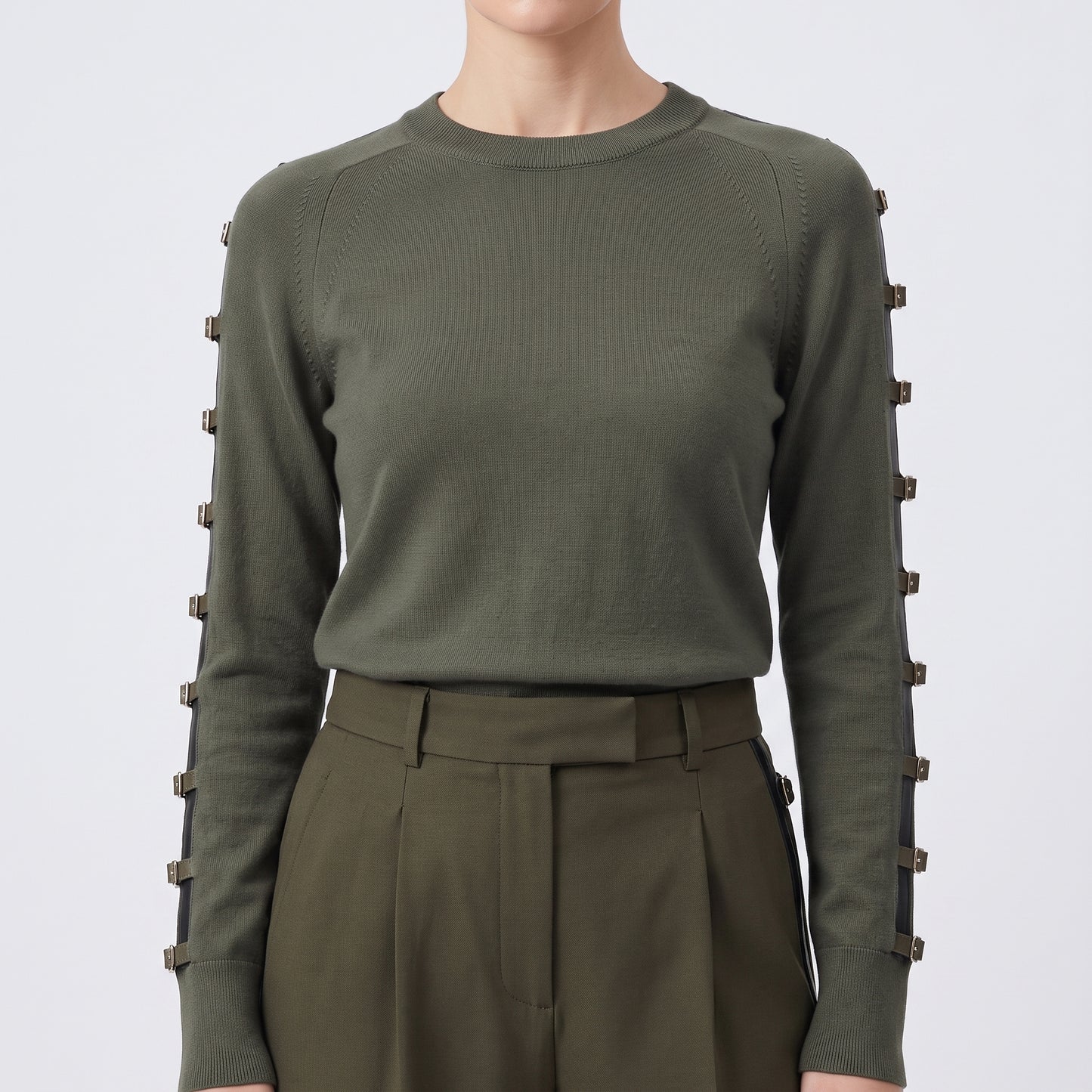 Buckle Detail Olive Knit Sweater
