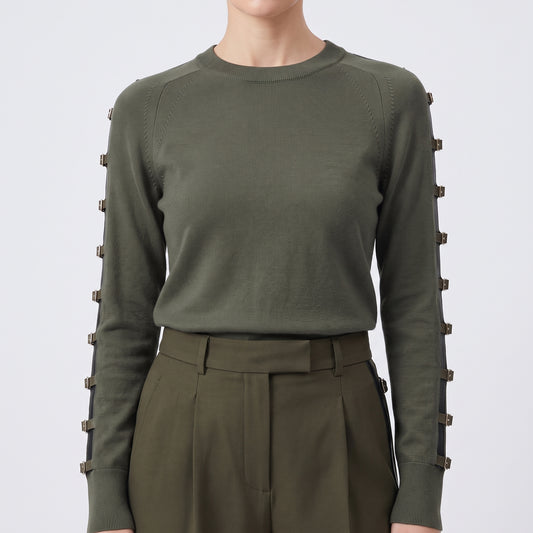 Buckle Detail Olive Knit Sweater