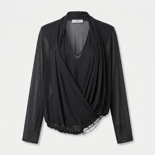 Draped Sheer V-Neck Blouse
