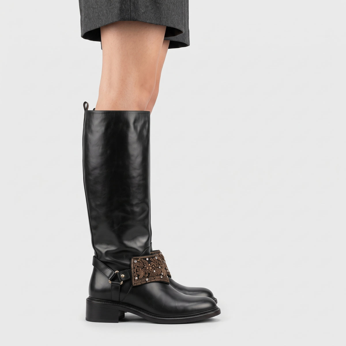 Embellished Leather Knee High Boots