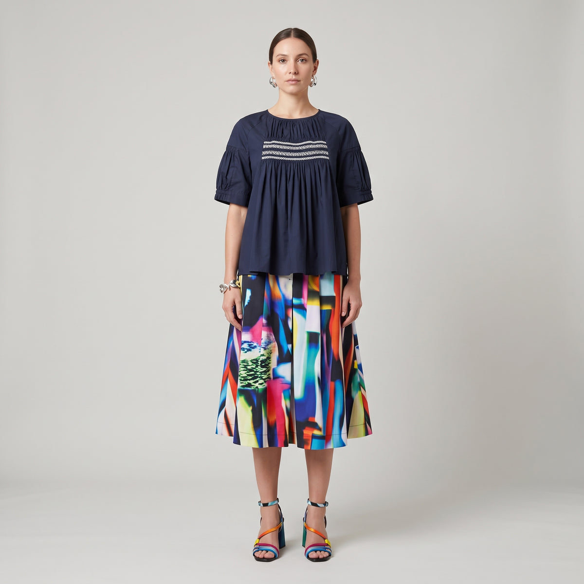 Embroidered Smocked Navy Blouse