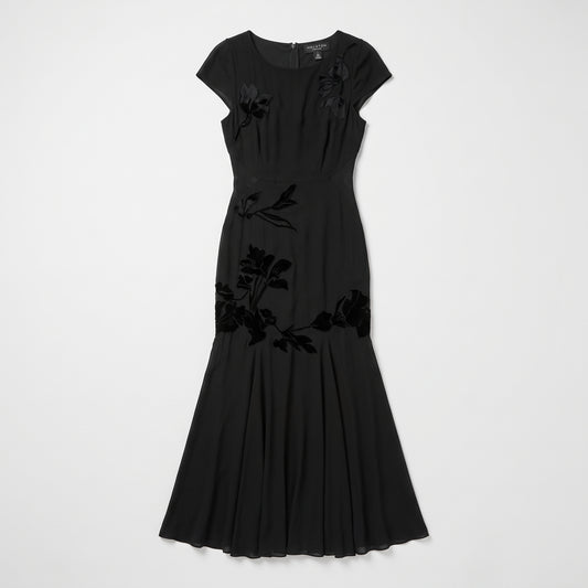 Floral Embroidered Black Midi Dress