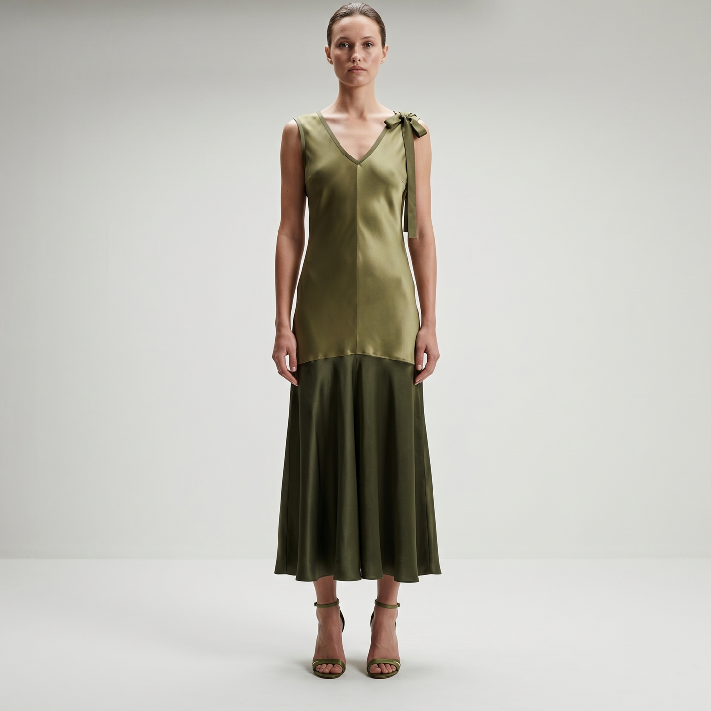 Two-Tone Satin Bow Midi Dress