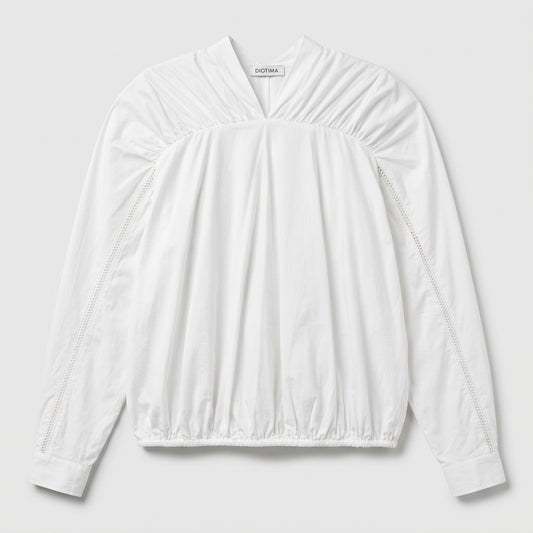 Pleated V-Neck Cotton Blouse