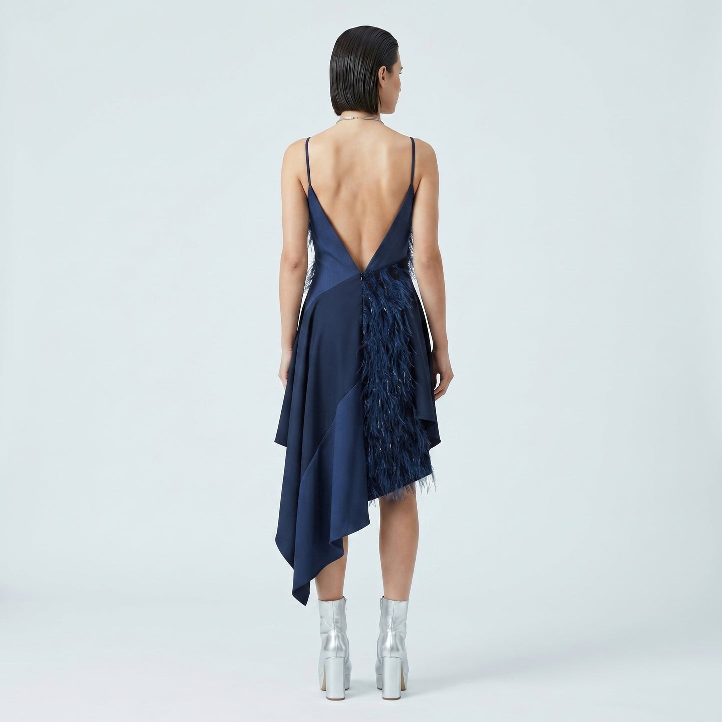 Asymmetrical Fringed Navy Slip Dress