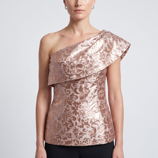 Metallic Brocade One-Shoulder Top