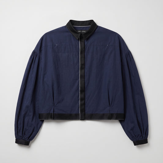 Contrast Trim Navy Cotton Blouse