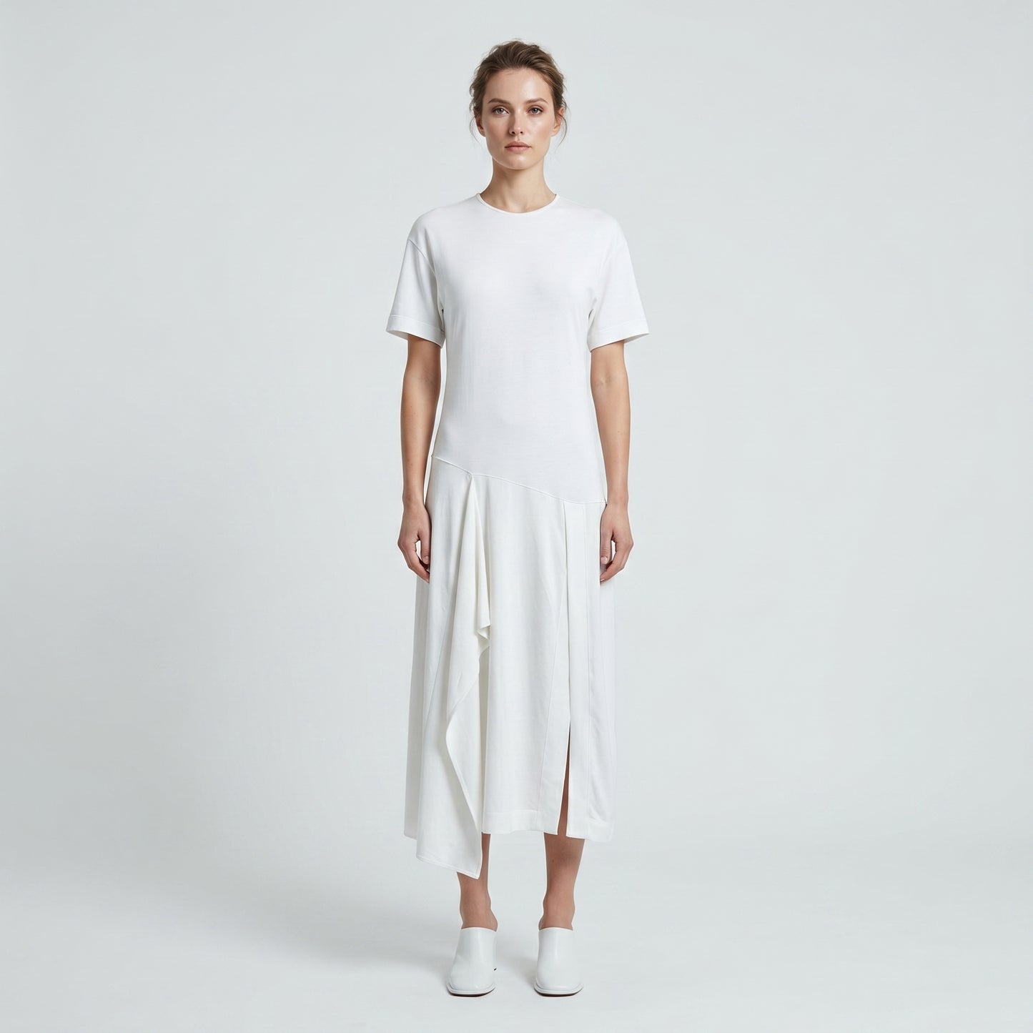 Asymmetric Hem White Cotton Dress