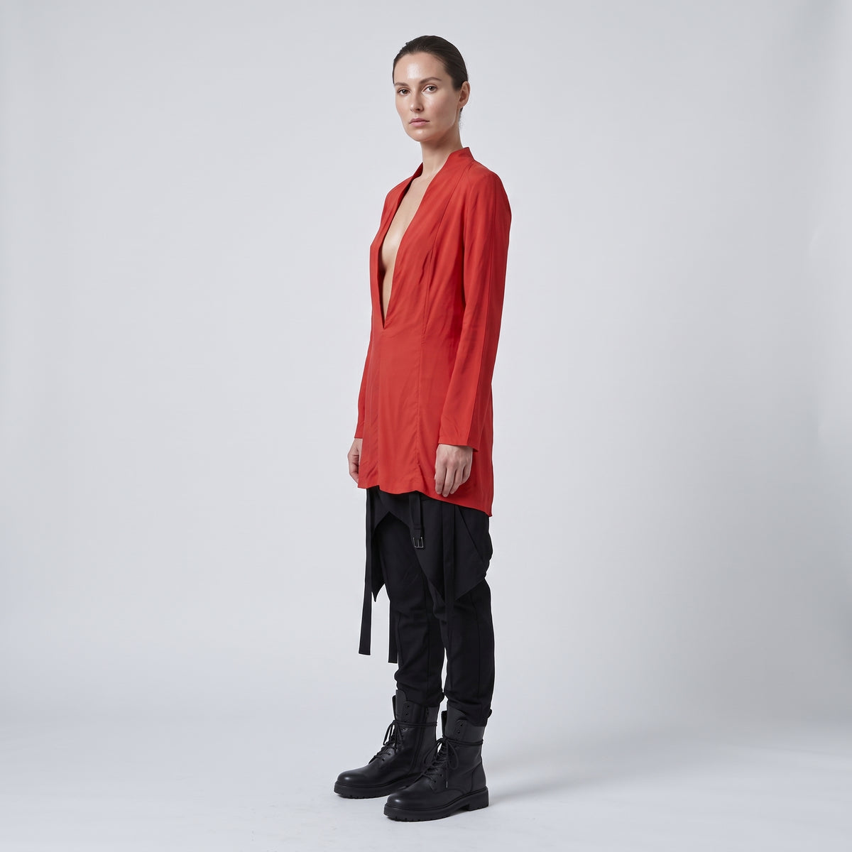 Red Deep V-Neck Blouse