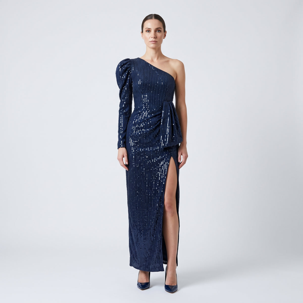 One-Shoulder Embellished Midi Dress