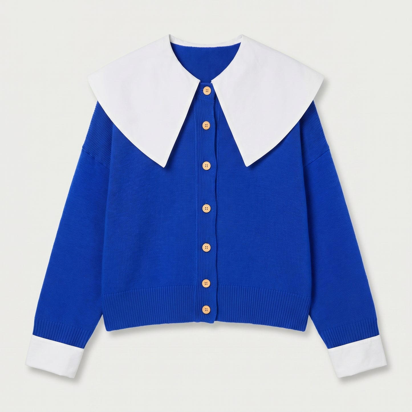 Contrast Collar Blue Knit Cardigan