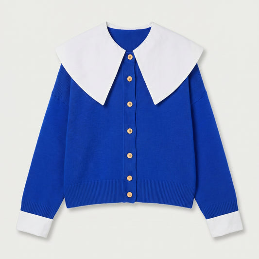 Contrast Collar Blue Knit Cardigan