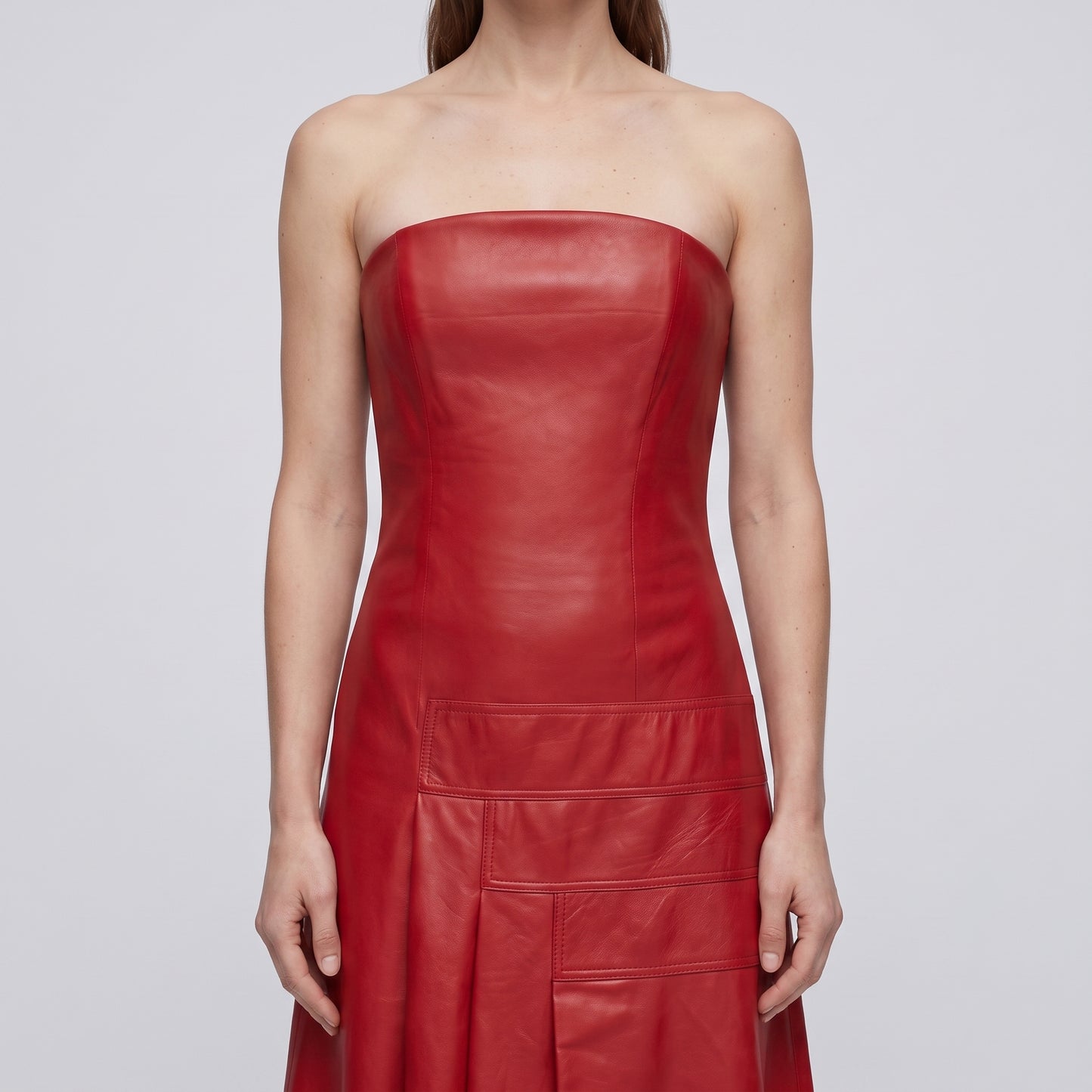 Strapless Paneled Leather Midi Dress