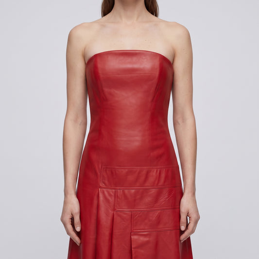 Strapless Paneled Leather Midi Dress